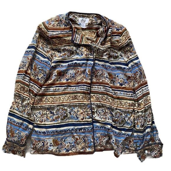Vintage Fiji Blouse Top Silk Floral Striped Small Cream Blue Brown - Picture 1 of 6
